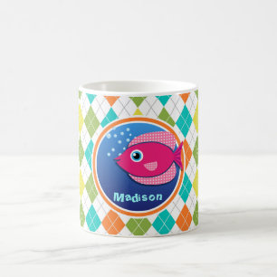 Pink Fish on Colourful Argyle Pattern Coffee Mug