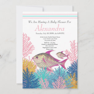 Pink Fish, Teal Coral Ahoy Baby Shower invitation 