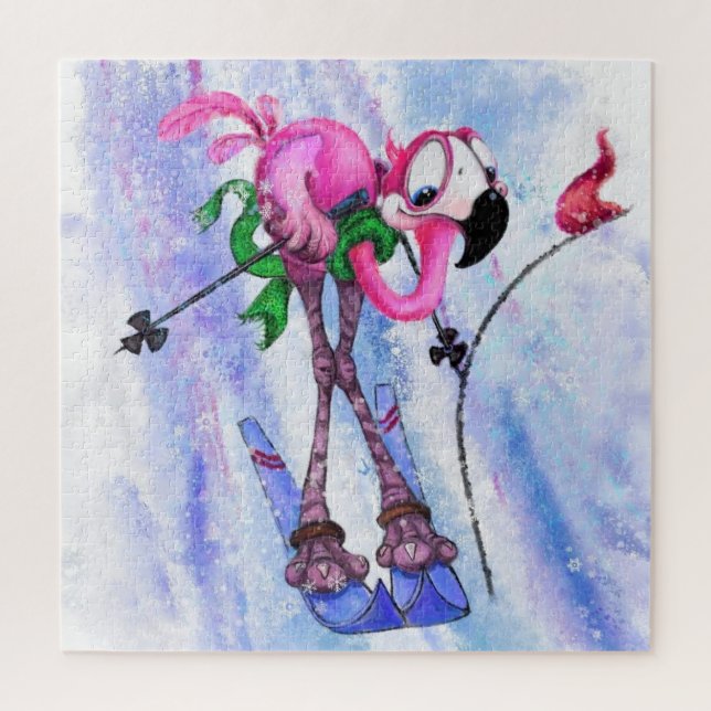 Pink Flamant rose Skier Jigsaw Puzzle Carton (Vertical)