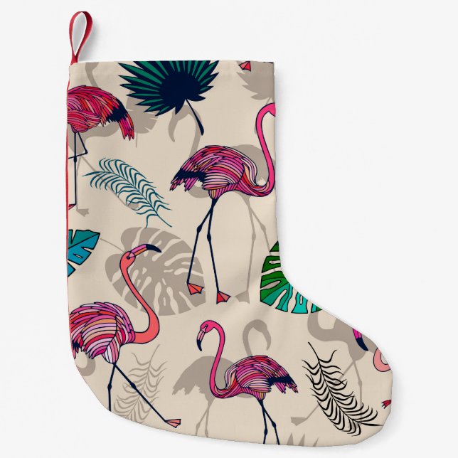 Pink flamigos and tropical leaves seamless pattern small christmas stocking (Front)