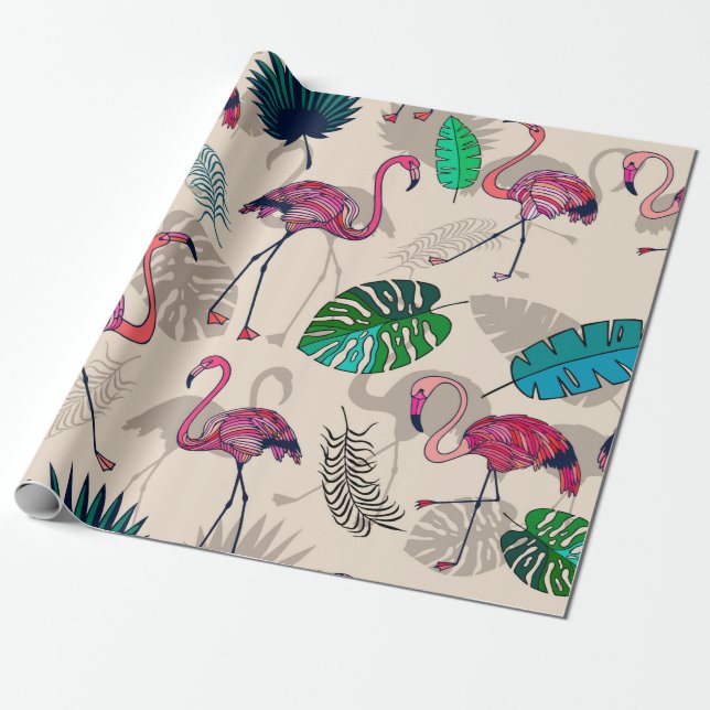 Pink flamigos and tropical leaves seamless pattern wrapping paper (Unrolled)