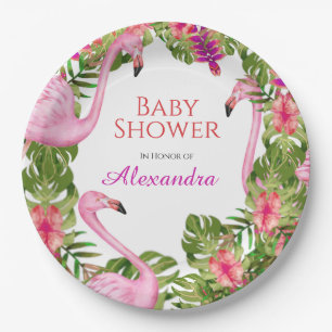 Pink Flaming Tropical Wildlife Girl Baby Shower Paper Plate