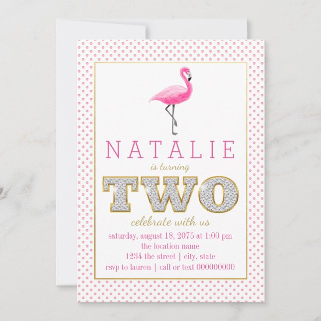 Pink Flamingo 2nd Birthday Party Invitations (Front)