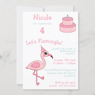 Pink Flamingo 4th Birthday Party Invitation