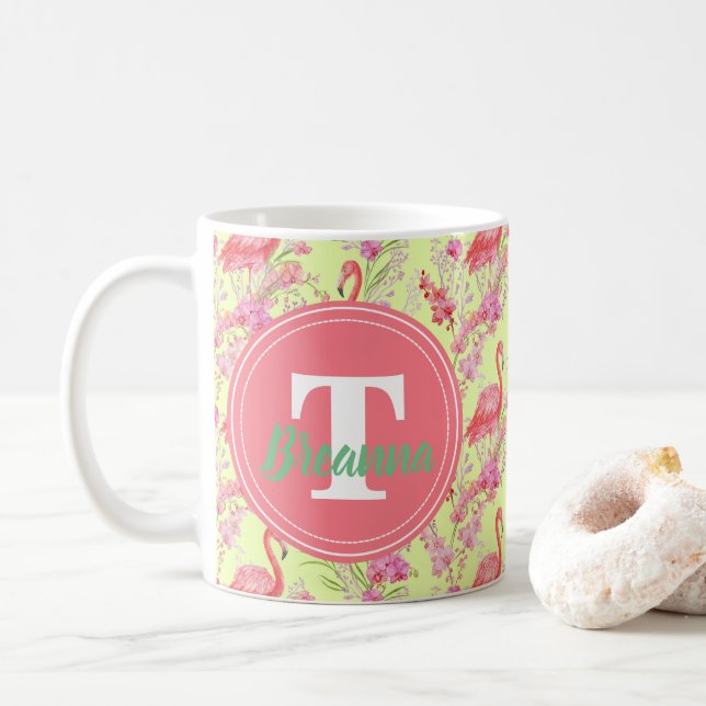 Pink Flamingo add monogram beach mug (With Donut)