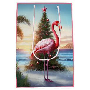Pink Flamingo and Christmas Tree Tropical Beach Medium Gift Bag