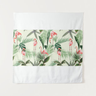 Pink flamingo and exotic flowers, palm leaves. Flo Tapestry