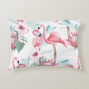 Pink flamingo and exotic flowers, palm leaves, whi accent pillow