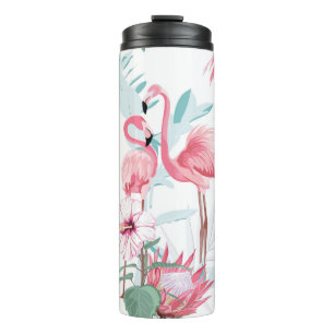 Pink flamingo and exotic flowers, palm leaves, whi thermal tumbler