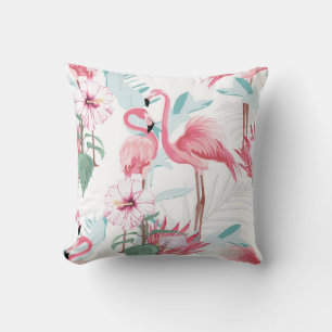 Pink flamingo and exotic flowers, palm leaves, whi throw pillow