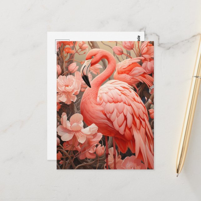 Pink Flamingo and Flowers Postcard (Front/Back In Situ)