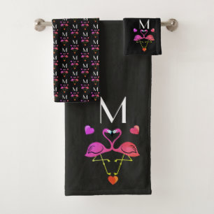 Pink Flamingo and Hearts Pattern Bath Towel Set