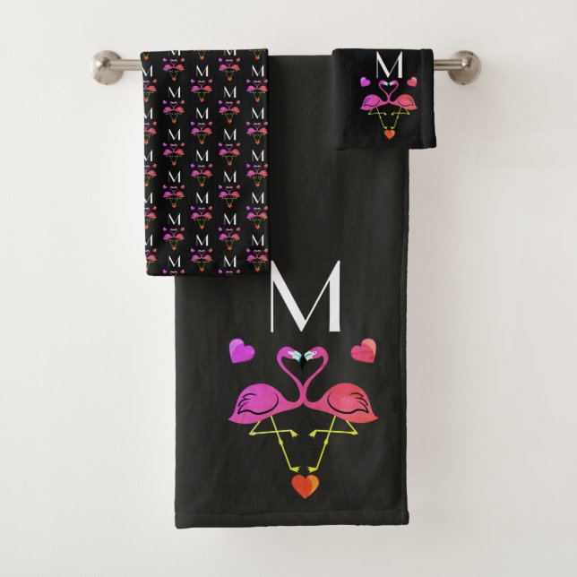 Pink Flamingo and Hearts Pattern Bath Towel Set (Insitu)