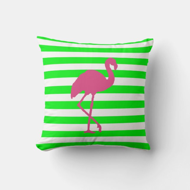 Pink Flamingo and Lime Stripe Throw Pillow (Front)