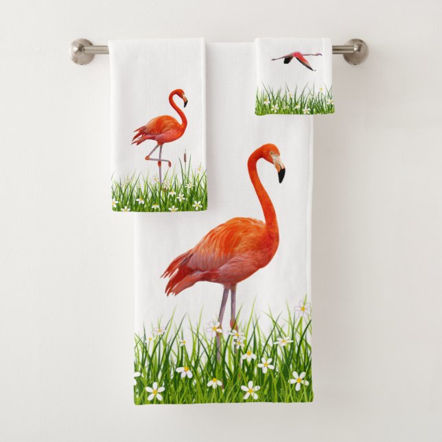 Pink Flamingo and Meadow with Flowers on White Bat Bath Towel Set (Insitu)
