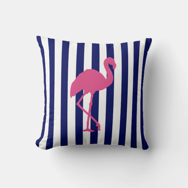 Pink Flamingo and Navy Stripe Throw Pillow (Front)