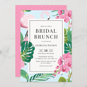 Pink Flamingo and Orchids Tropical Bridal Brunch Invitation