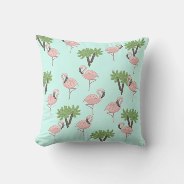 Pink Flamingo and Palm Trees Pattern Throw Pillow (Front)