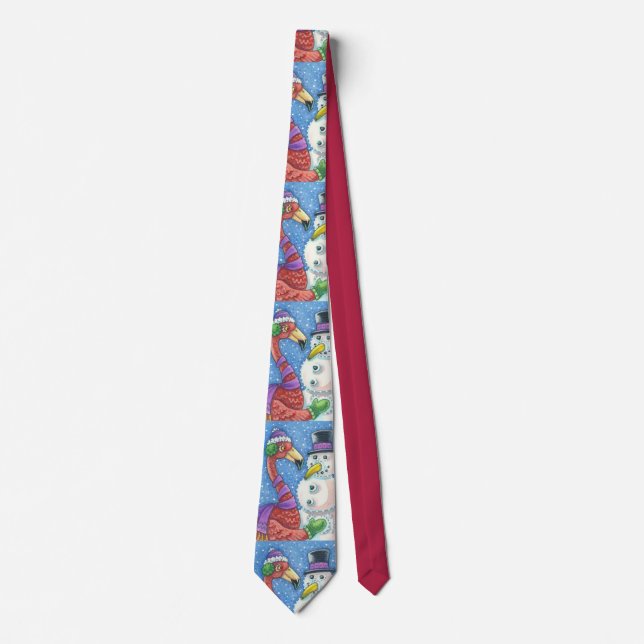 PINK FLAMINGO AND SNOWMAN CHRISTMAS HOLIDAY TIE (Front)