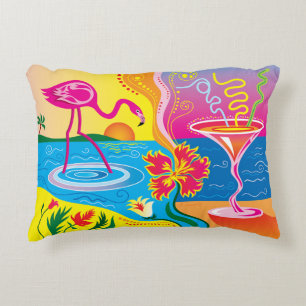 Pink Flamingo and Summer Cocktail Accent Pillow