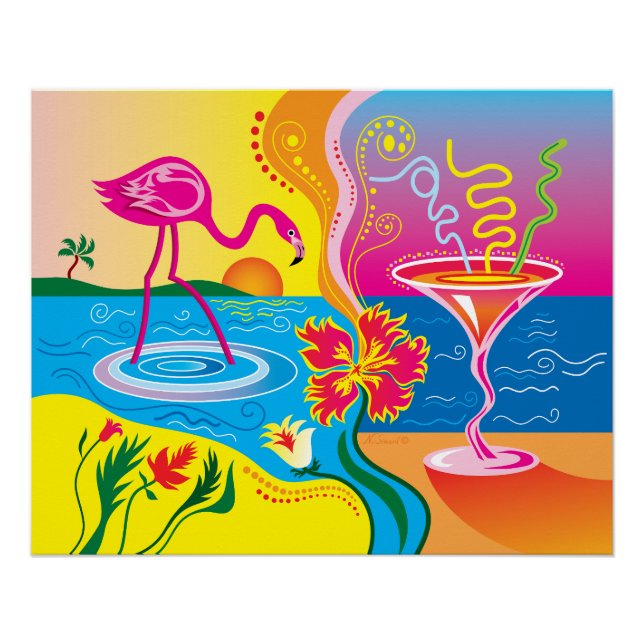 Pink Flamingo and Summer Cocktail Poster (Front)