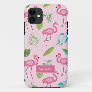 Pink flamingo and tropical leaves Custom Name  iPhone 11 Case