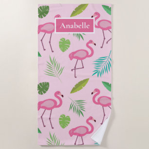 Pink flamingo and tropical leaves personalized  beach towel