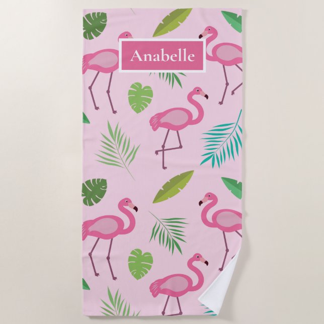 Pink flamingo and tropical leaves personalized  beach towel (Front)