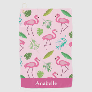 Pink flamingo and tropical leaves personalized   golf towel