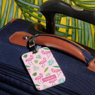 Pink Flamingo and Tropical Leaves personalized   Luggage Tag