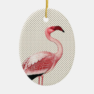 Pink Flamingo and Vintage Polka Dots Ceramic Ornament