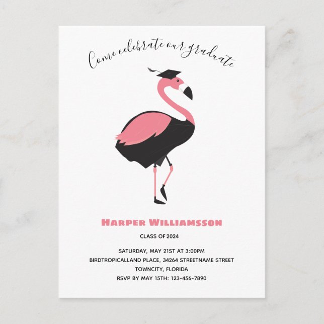 Pink Flamingo Animal Graduation Invitation Postcard (Front)