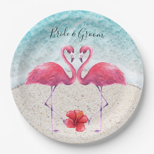 Pink Flamingo at the beach Wedding Paper Plates (Front)
