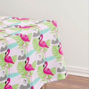 Pink flamingo baby bird tropical leaves tablecloth