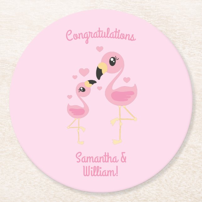 Pink Flamingo Baby Shower Round Paper Coaster (Front)