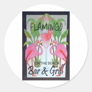 Pink Flamingo Bar & Grill Beach Drink Theme Classic Round Sticker