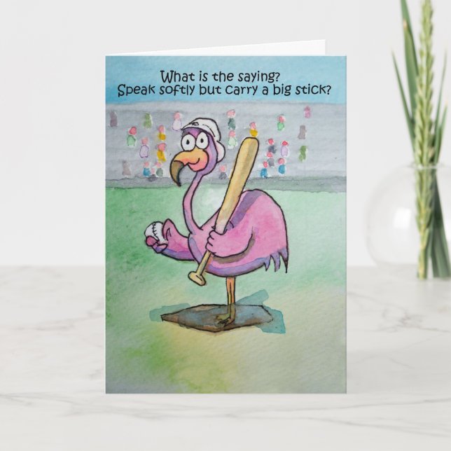 Pink Flamingo Baseball Whimsical Watercolor Bird Card (Front)
