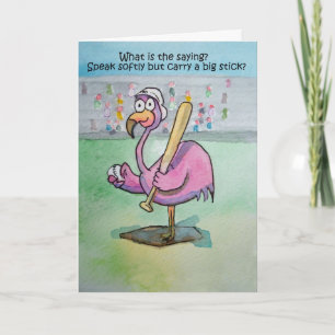 Pink Flamingo Baseball Whimsical Watercolor Bird Card