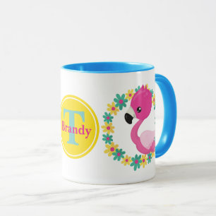 Pink Flamingo beach fun add name initial mug
