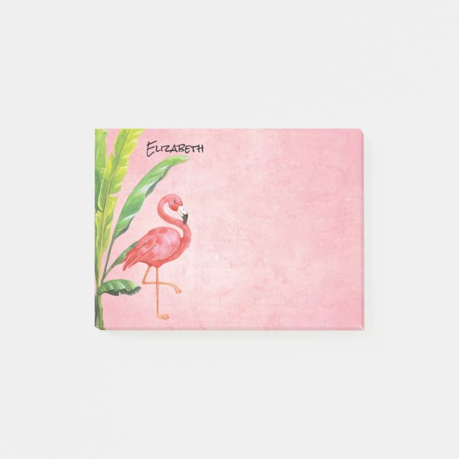 Pink Flamingo Beach Island Leaves Monogram Post-it Notes (Front)