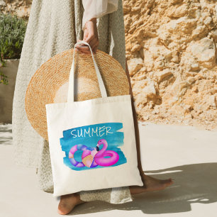 Pink Flamingo Beach Tote Bag