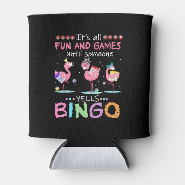 Pink Flamingo Bingo Funny Gift Art Can Cooler (Front)