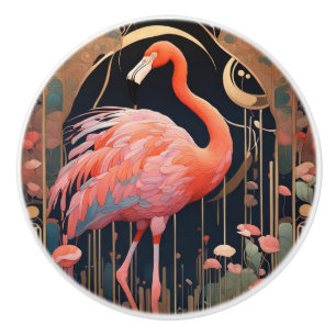 Pink Flamingo Bird Art Deco Art Nouveau Ceramic Knob