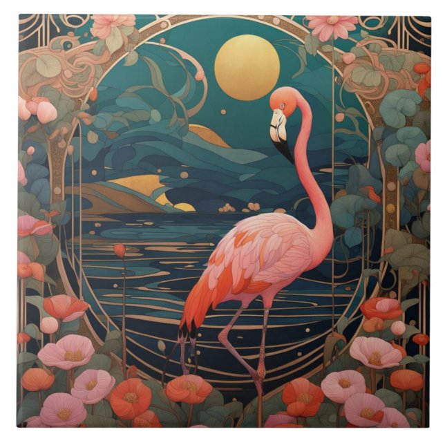 Pink Flamingo Bird Art Nouveau Art Deco Tile (Front)