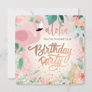 pink flamingo bird tropical birthday party on pink invitation