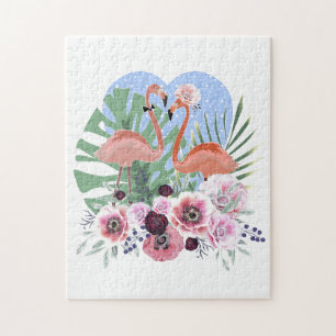 Pink Flamingo, bird, watercolor Jigsaw Puzzle