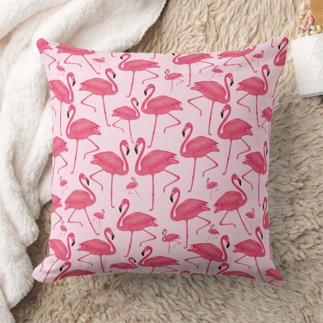 Pink Flamingo Bird Watercolor on Pale Pink Design Throw Pillow (Blanket)