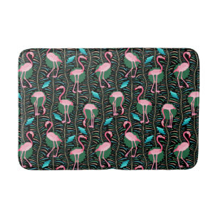 Pink Flamingo Birds 20s Deco Ferns Pattern Black Bath Mat
