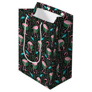 Pink Flamingo Birds 20s Deco Pattern Ferns Black Medium Gift Bag