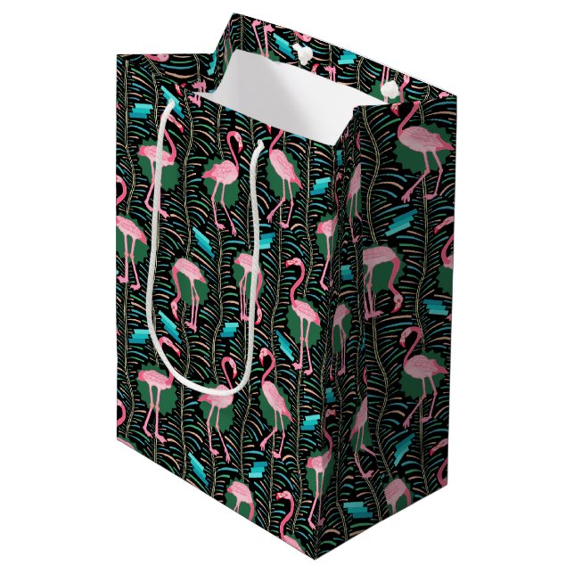 Pink Flamingo Birds 20s Deco Pattern Ferns Black Medium Gift Bag (Front Angled)